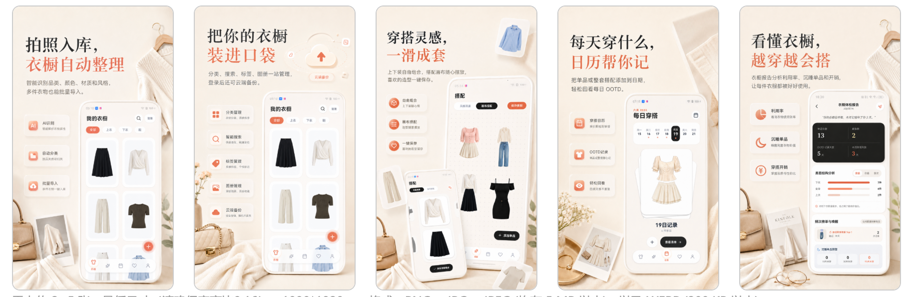 小鹿衣橱应用界面，展示拍照入库、分类管理、搭配灵感、穿搭日历和衣橱分析功能